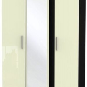 Knightsbridge Cream Gloss and Black 3 Door Tall Triple Wardrobe - 1 Mirror