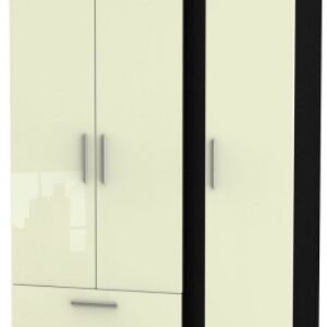 Knightsbridge Cream Gloss and Black 3 Door Tall Triple Wardrobe - LHF 2 Drawers