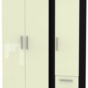 Knightsbridge Cream Gloss and Black 3 Door Triple Wardrobe - RHF 2 Drawers