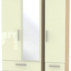 Knightsbridge Cream Gloss and Light Oak 3 Door Combi Wardrobe - 1 Mirror