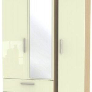 Knightsbridge Cream Gloss and Light Oak 3 Door Combi Wardrobe - 1 Mirror and LHF 2 Drawers