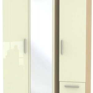 Knightsbridge Cream Gloss and Light Oak 3 Door Combi Wardrobe - 1 Mirror and RHF 2 Drawers