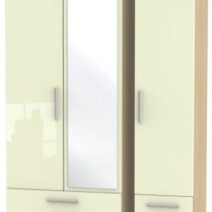 Knightsbridge Cream Gloss and Light Oak 3 Door Tall Combi Wardrobe - 1 Mirror