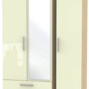 Knightsbridge Cream Gloss and Light Oak 3 Door Tall Combi Wardrobe - 1 Mirror and LHF 2 Drawers