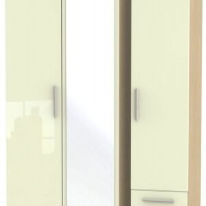 Knightsbridge Cream Gloss and Light Oak 3 Door Tall Combi Wardrobe - 1 Mirror and RHF 2 Drawers