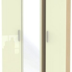 Knightsbridge Cream Gloss and Light Oak 3 Door Tall Triple Wardrobe - 1 Mirror