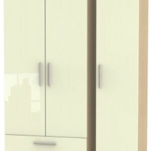 Knightsbridge Cream Gloss and Light Oak 3 Door Tall Triple Wardrobe - LHF 2 Drawers