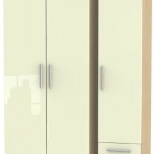 Knightsbridge Cream Gloss and Light Oak 3 Door Tall Triple Wardrobe - RHF 2 Drawers