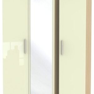 Knightsbridge Cream Gloss and Light Oak 3 Door Triple Wardrobe - 1 Mirror