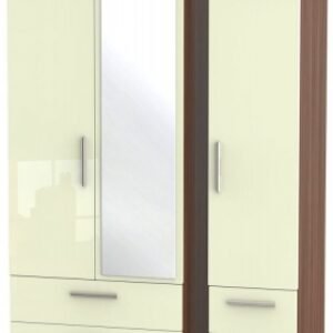 Knightsbridge Cream Gloss and Walnut Effect 3 Door Combi Wardrobe - 1 Mirror