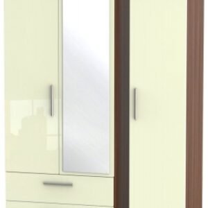 Knightsbridge Cream Gloss and Walnut Effect 3 Door Combi Wardrobe - 1 Mirror and LHF 2 Drawers