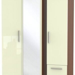 Knightsbridge Cream Gloss and Walnut Effect 3 Door Combi Wardrobe - 1 Mirror and RHF 2 Drawers