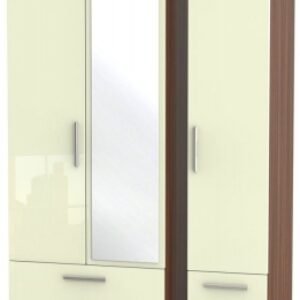 Knightsbridge Cream Gloss and Walnut Effect 3 Door Tall Combi Wardrobe - 1 Mirror