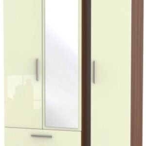 Knightsbridge Cream Gloss and Walnut Effect 3 Door Tall Combi Wardrobe - 1 Mirror and LHF 2 Drawers