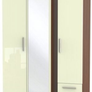 Knightsbridge Cream Gloss and Walnut Effect 3 Door Tall Combi Wardrobe - 1 Mirror and RHF 2 Drawers