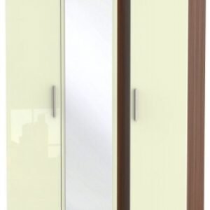 Knightsbridge Cream Gloss and Walnut Effect 3 Door Tall Triple Wardrobe - 1 Mirror