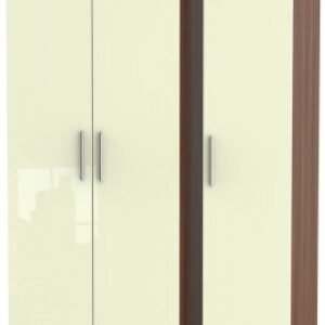 Knightsbridge Cream Gloss and Walnut Effect 3 Door Tall Triple Wardrobe