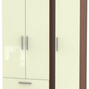 Knightsbridge Cream Gloss and Walnut Effect 3 Door Tall Triple Wardrobe - LHF 2 Drawers