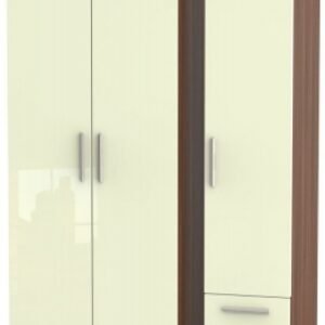 Knightsbridge Cream Gloss and Walnut Effect 3 Door Tall Triple Wardrobe - RHF 2 Drawers