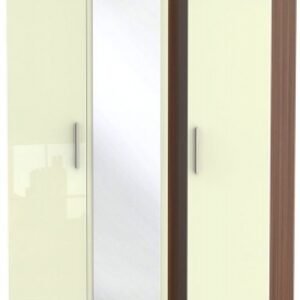 Knightsbridge Cream Gloss and Walnut Effect 3 Door Triple Wardrobe - 1 Mirror