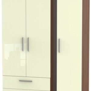 Knightsbridge Cream Gloss and Walnut Effect 3 Door Triple Wardrobe - LHF 2 Drawers