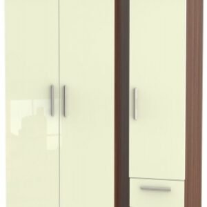 Knightsbridge Cream Gloss and Walnut Effect 3 Door Triple Wardrobe - RHF 2 Drawers