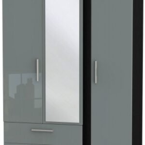 Knightsbridge Grey Gloss and Black 3 Door Combi Wardrobe - 1 Mirror and LHF 2 Drawers