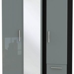 Knightsbridge Grey Gloss and Black 3 Door Combi Wardrobe - 1 Mirror and RHF 2 Drawers