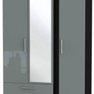 Knightsbridge Grey Gloss and Black 3 Door Tall Combi Wardrobe - 1 Mirror and LHF 2 Drawers