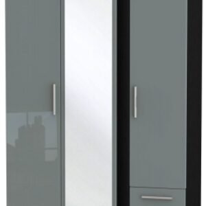 Knightsbridge Grey Gloss and Black 3 Door Tall Combi Wardrobe - 1 Mirror and RHF 2 Drawers