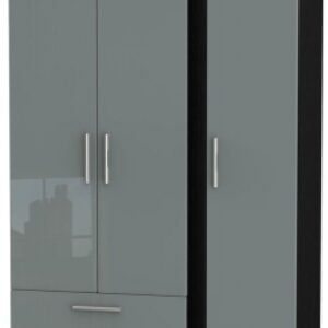 Knightsbridge Grey Gloss and Black 3 Door Tall Triple Wardrobe - LHF 2 Drawers