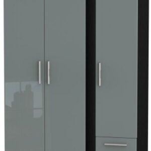 Knightsbridge Grey Gloss and Black 3 Door Tall Triple Wardrobe - RHF 2 Drawers