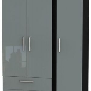 Knightsbridge Grey Gloss and Black 3 Door Triple Wardrobe - LHF 2 Drawers