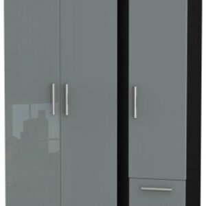 Knightsbridge Grey Gloss and Black 3 Door Triple Wardrobe - RHF 2 Drawers