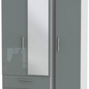 Knightsbridge Grey Gloss and White 3 Door Combi Wardrobe - 1 Mirror and LHF 2 Drawers