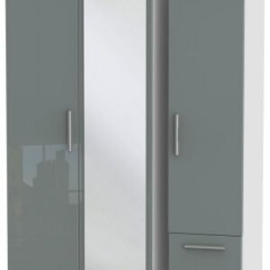 Knightsbridge Grey Gloss and White 3 Door Combi Wardrobe - 1 Mirror and RHF 2 Drawers