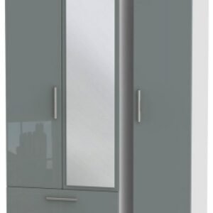 Knightsbridge Grey Gloss and White 3 Door Tall Combi Wardrobe - 1 Mirror and LHF 2 Drawers