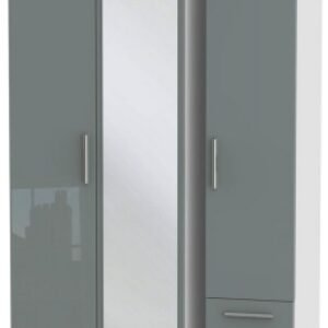 Knightsbridge Grey Gloss and White 3 Door Tall Combi Wardrobe - 1 Mirror and RHF 2 Drawers