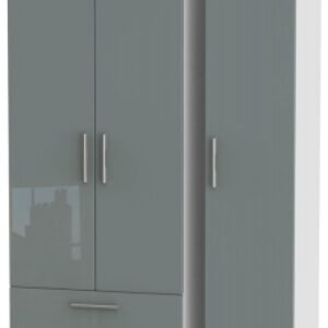 Knightsbridge Grey Gloss and White 3 Door Tall Triple Wardrobe - LHF 2 Drawers