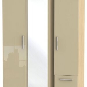 Knightsbridge Mushroom and Light Oak 3 Door Combi Wardrobe - 1 Mirror and RHF 2 Drawers