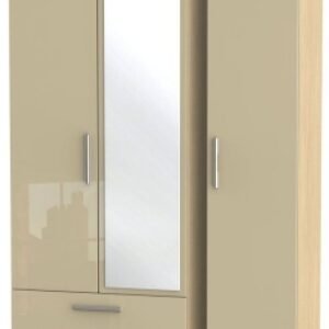 Knightsbridge Mushroom and Light Oak 3 Door Tall Combi Wardrobe - 1 Mirror and LHF 2 Drawers