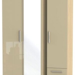 Knightsbridge Mushroom and Light Oak 3 Door Tall Combi Wardrobe - 1 Mirror and RHF 2 Drawers