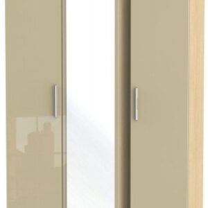 Knightsbridge Mushroom and Light Oak 3 Door Tall Triple Wardrobe - 1 Mirror