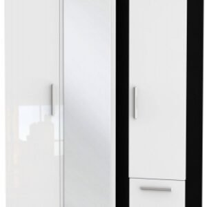 Knightsbridge White Gloss and Black 3 Door Combi Wardrobe - 1 Mirror and RHF 2 Drawers