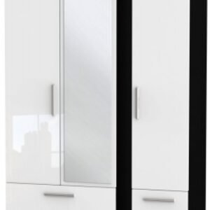 Knightsbridge White Gloss and Black 3 Door Tall Combi Wardrobe - 1 Mirror