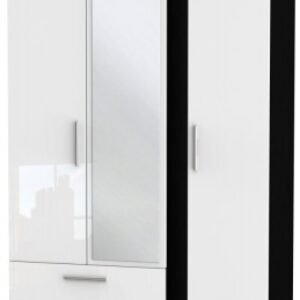 Knightsbridge White Gloss and Black 3 Door Tall Combi Wardrobe - 1 Mirror and LHF 2 Drawers