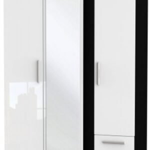 Knightsbridge White Gloss and Black 3 Door Tall Combi Wardrobe - 1 Mirror and RHF 2 Drawers