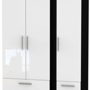 Knightsbridge White Gloss and Black 3 Door Tall Triple Wardrobe - 4 Drawers