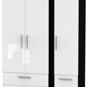 Knightsbridge White Gloss and Black 3 Door Triple Wardrobe - 4 Drawers