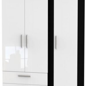 Knightsbridge White Gloss and Black 3 Door Triple Wardrobe - LHF 2 Drawers